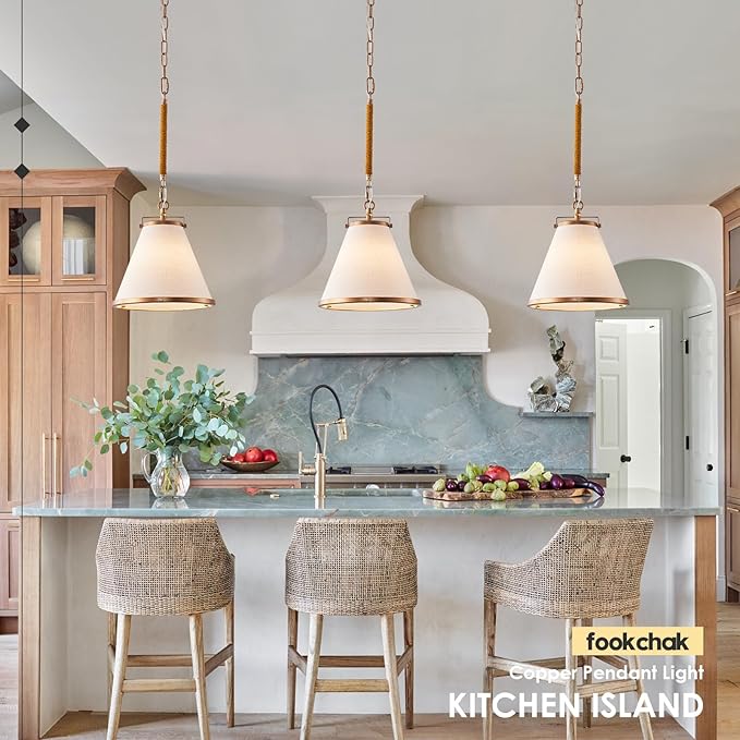 Vintage Brass Pendant Light Kitchen Island 10inch Linen Pendant Lights with Brass Hemp Rope Rod Modern Farmhouse Pendant Hanging Lighting for Kitchen Sink Dining Room Entryway Hallway