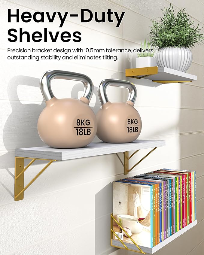 BAYKA Wall Shelves for Bedroom Decor, Floating Wall Shelves for Living Room Kitchen Storage, Wall Mounted Rustic Wood Shelves for Kids Books,Corner Shelves for Bathroom(White and Gold，Set of 3)