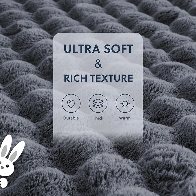 Cozy Faux Fur Throw Blanket for Couch Warm Fuzzy Throw Blanket, Soft Plush Thick Bubble Blankets for Bedroom and Living Room, Furry Luxury Blanket, 50 x 60, Grey