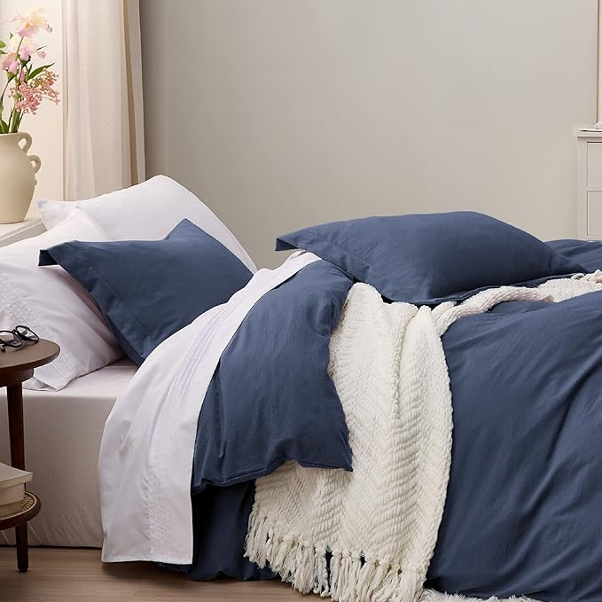 Bedsure Navy Duvet Cover King Size - 3 Pieces Prewashed Cotton-Like Extra Soft Bedding Set, Includes 1 Duvet Cover 104x90 Inches with Zipper Closure & 2 Pillow Shams, Comforter Not Included
