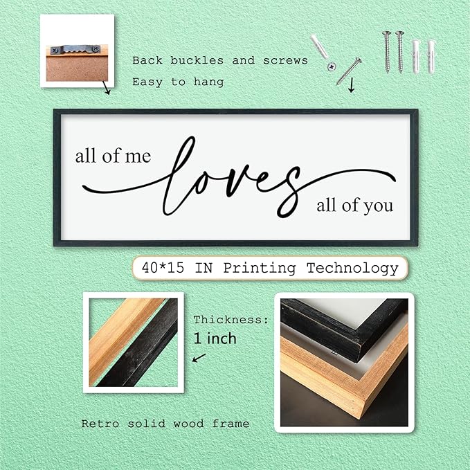LuZhiQiang All Of Me Loves All Of You Wall Decor Art 40"×15" Master Bedroom Above Over Bed sign Love Quotes Large Framed Wooden Wall Hanging (Black)