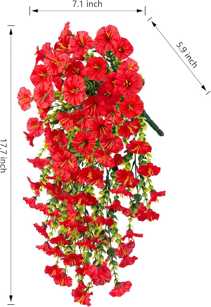 Ivydale 2 PCS Artificial Hanging Flowers Fake Plants Outdoor,Silk Morning Glory Faux Flowers with Eucalyptus Leaves,UV Resistant Realistic Hanging Petunias Plants for Home Garden Decor (Red)