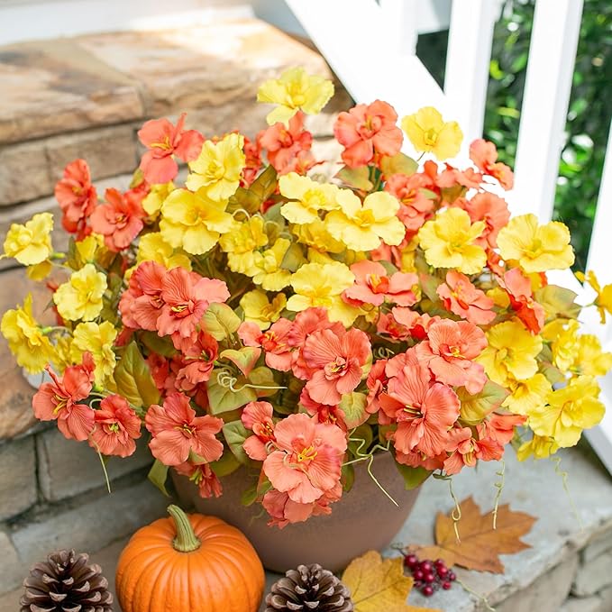 Fall Flowers Fake Flowers Mums for Outdoors Autumn Decoration, 6 Bundles Artificial Flowers Faux Silk Plants Realistic UV Resistant for Outside Planter Patio (Fall Yellow Orange)
