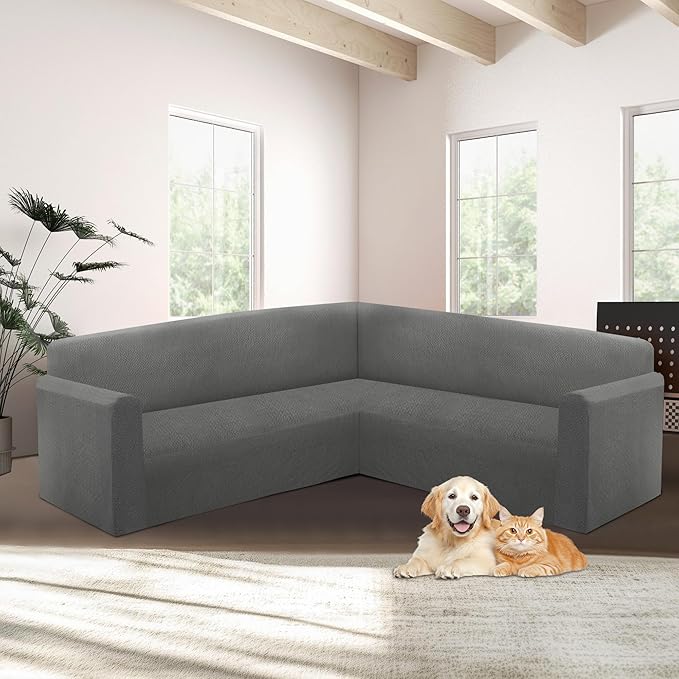 HDCAXKJ Sectional Couch Cover L Shape Stretch Sofa Covers Washable Jacquard Corner Couch Slipcover Non Slip Sectional Slip Cover U Shaped Furniture Protector for Pets Dogs (Dark Grey, X-Large)