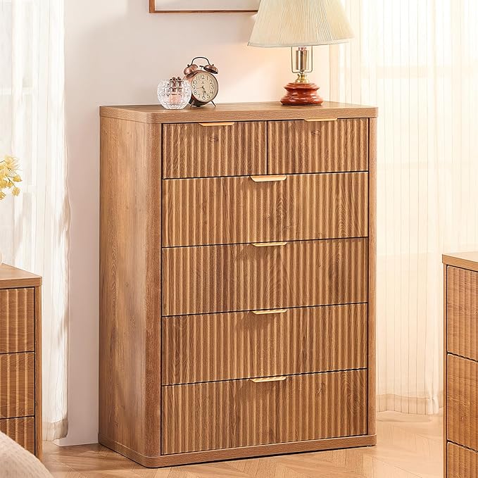 LEYAOYAO Fluted 6 Drawers Dresser for Bedroom Set of 2, 42" Tall Modern Chest of Drawers with Metal Handle, Curved Profile Design,Brown Wood Drawer Organizer for Bedroom, Living Room, Hallway