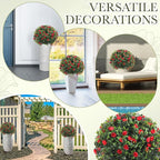Yunlly Set of 2 Artificial Boxwood Topiary Ball Tree Fake Bushes Shrubs Outdoor Faux Plant with Ground Spike Flowers UV Resistance Greenery for Front Porch Garden Patio Indoor(Red,18x10inch)