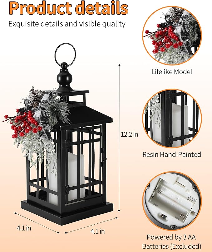iStatue Metal Black Christmas Lantern with Flameless Candle, 14'' Modern Farmhouse Decor Festive Holiday Rustic Home Gifts for Indoor / Outdoor (Xmas)