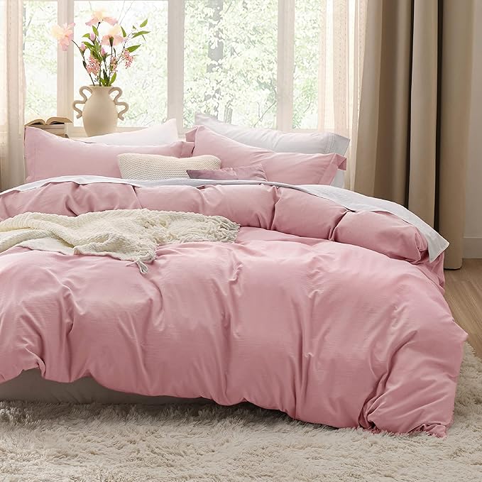 Bedsure Pink Duvet Cover King Size - 3 Pieces Prewashed Cotton-Like Extra Soft Bedding Set, Includes 1 Duvet Cover 104x90 Inches with Zipper Closure & 2 Pillow Shams, Comforter Not Included