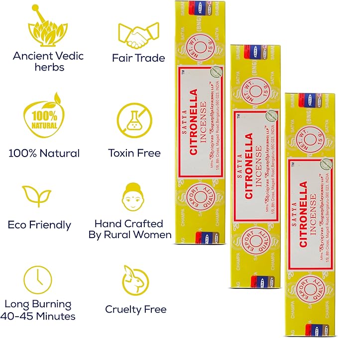 Satya Nagchampa Citronella Incense Sticks, Satya Bng (Bangalore) Insenses 15gmx3 Pack (45 GMS) with Raajsee Incense Holder Bundle, Satya Nagchampa Natural Incense