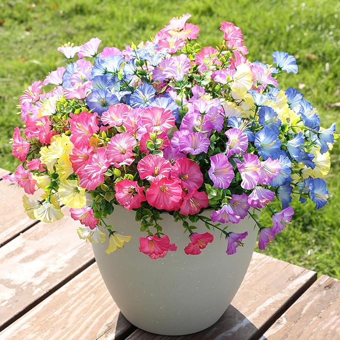 HyeFlora Artificial Flowers for Outdoors Fake Plants Outside Decoration, 12 Bundles Silk Colorful Morning Glory with Eucalyptus UV Resistant Realistic Faux Flowers for Planter Porch Patio Yard Indoor