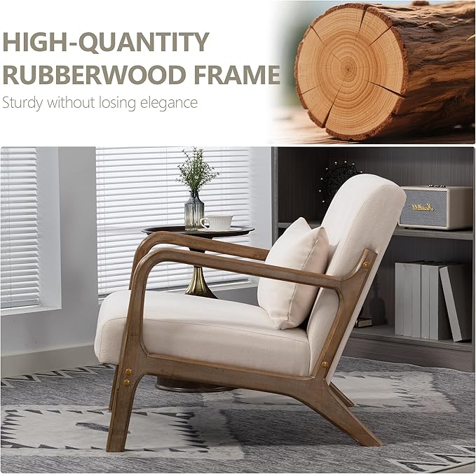 Modern Accent Chair, Cotton Linen Fabric Upholstered Lounge Armchair with Solid Wood Frame for Living Room, Bedroom, Reading Nook (White1)