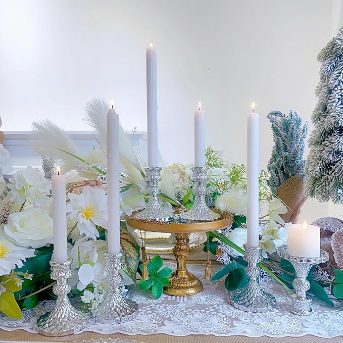 Glass Candlestick Holder,Striped Taper Candle Holders,Set of 6 Candle Stand for Table Centerpieces, Home Decor,Weddings,Festival and Parties (Silver Diamond)