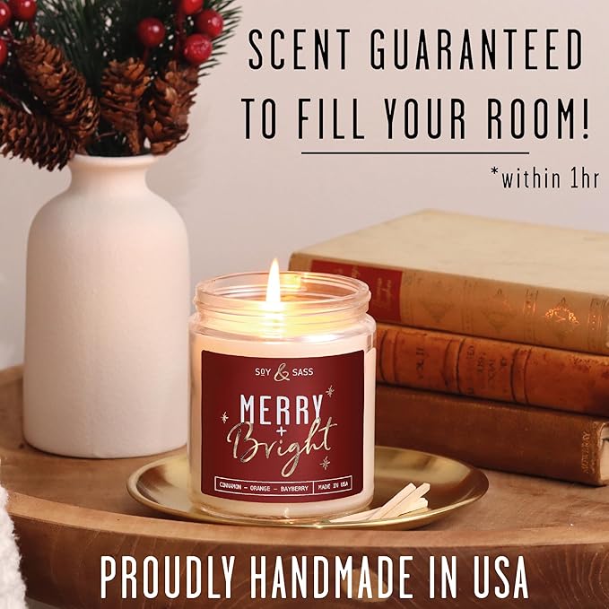 Christmas Candles Scented – ‘Merry & Bright’ Soy Christmas Candle, w/Cranberries, Cinnamon & Orange - Infused with Essential Oils I Holiday Candles I 9oz, 50Hr, Made in USA