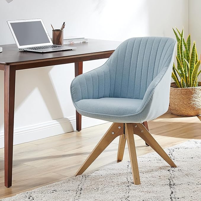 Art Leon Mid Century Modern Desk Chair No Wheels, Swivel Accent Chair with Solid Wood Legs, Office Chair Without Wheels, Upholstered Arm Chair for Small Spaces Living Room Bedroom, Candy Blue