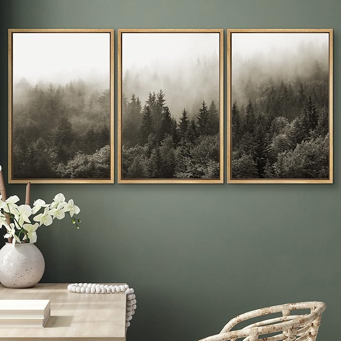 SIGNWIN Framed Canvas Print Wall Art Woodland Nursery Decor Set Fog & Mist Over Blue Pine Tree Forest Nature Modern Art Rustic Landscape Colorful for Living Room, Bedroom, Office - 16"x24"x3 Natural