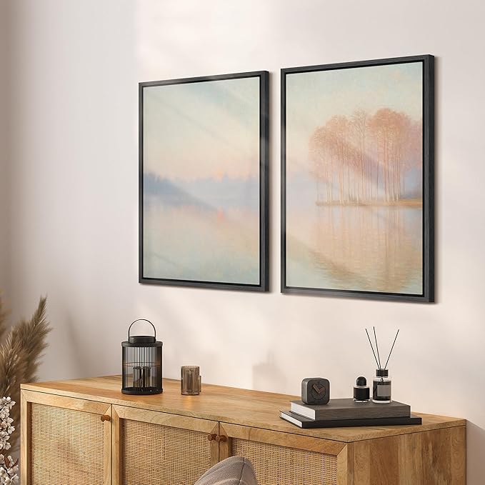 SIGNFORD Framed Canvas Print Wall Art Set Pastel Lake Landscape Serene Sunrise Water Reflection Illustration Modern Art Decorative Nordic Nature for Living Room, Bedroom, Office - 16"x24"x2 Black
