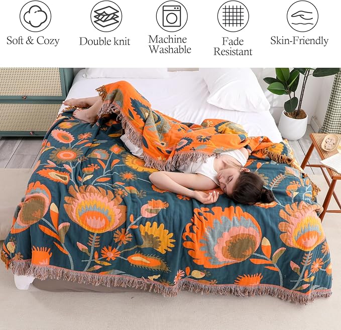 Snycler Boho Throw Blanket for Bed, 100% Organic Cotton Muslin Soft Throw-Orange Boho Floral Farmhouse Rustic Spring Summer Fall Decor Blanket for Couch Sofa Quilt and Gift, 60" x 80"