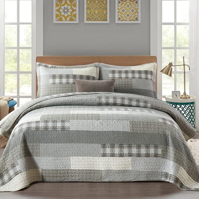 Y-PLWOMEN Quilt King Size - 100% Cotton Grey King Quilt Farmhouse Plaid Quilted Bedspread, 3 Pieces Lightweight Reversible King Size Quilt Bedding Set for All Season