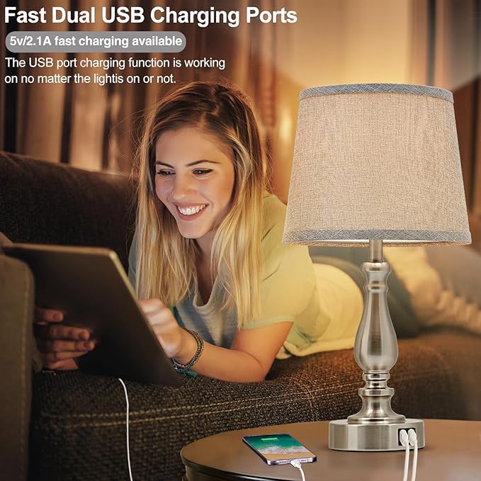 Table Lamps for Bedroom Set of 2,3 Way Dimmable Touch Bedside Lamps with Dual USB A+C Ports - Nightstand Lamp for End Table Modern Night Stand Lamps for Living Room Guest Room