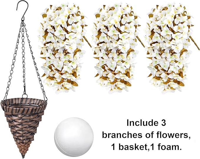 Bougainvillea Artificial Fall Flowers Fake Plants for Outdoors Autumn Decoration, 3PCS Faux Silk Hanging Trailing Vines with Baskets UV Resistant Realistic for Front Door Patio Balcony, Fall White