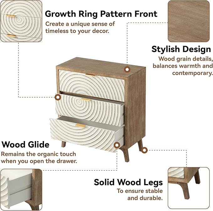 LONYKE Farmhouse 3 Drawer Dresser X 2P, White Nightstand with Handcrafted Wood Ring Motif for Bedroom, Rustic & Natural, Fully Assembled, Boho
