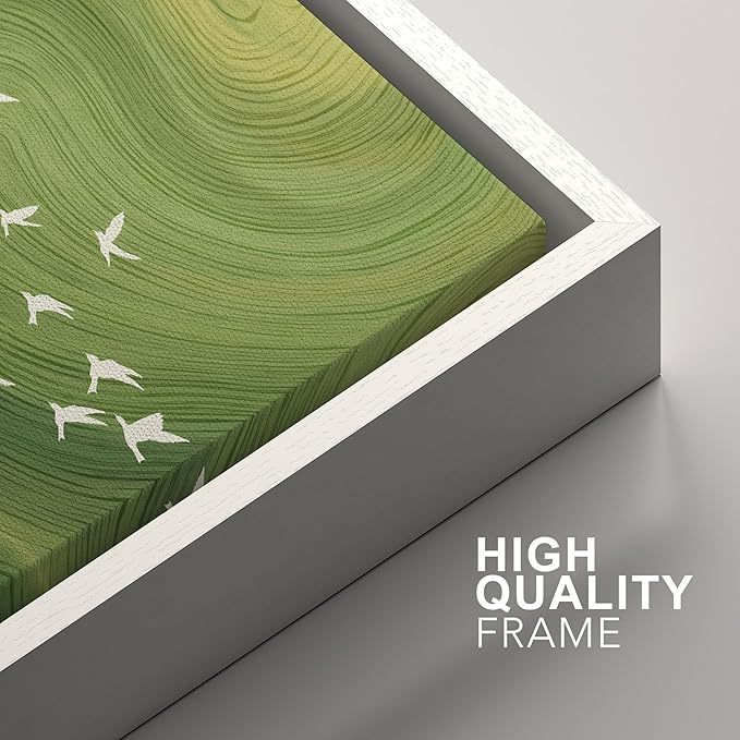 SIGNFORD Framed Canvas Print Wall Art Set Green Swirl Abstract White Birds Illustration Modern Art Decorative Nordic Nature for Living Room, Bedroom, Office - 16"x24"x2 White