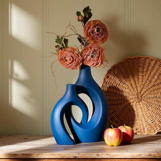 Levvohd Snuggle Hollow Ceramic Vase Set of 2, 11 inch Modern Nordic Coastal Shaped Pampas Grass Aesthetic Decorative Table Vases for Living Room Shelf Home Decor (Matte Navy Blue -L)