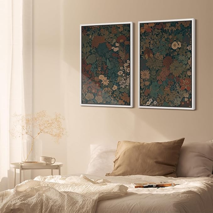 SIGNFORD Framed Canvas Print Wall Art Set Vintage Botanical Floral Dark Green and Rust Toned Illustration Modern Art Decorative Nordic Nature for Living Room, Bedroom, Office - 16"x24"x2 White