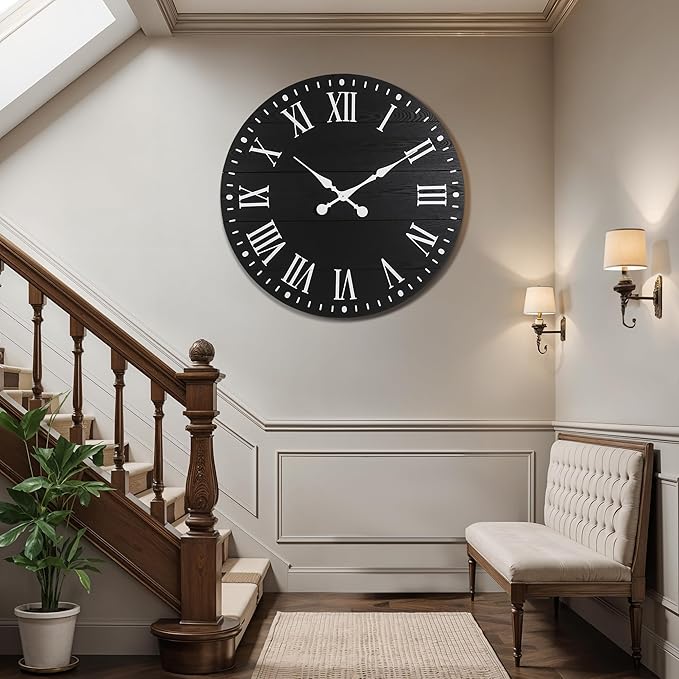 35" Large Wall Clock, Shiplap Wall Clock with Roman Numeral Nearly Non-Ticking Farmhouse Round Wall Clocks for Living Room Decor, Office, Bedroom, Entrance, Black
