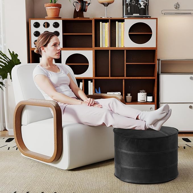 Genuine Leather Round Pouf Ottoman Footstool for Living Room, Bedroom, Indoor (Black)