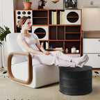 Genuine Leather Round Pouf Ottoman Footstool for Living Room, Bedroom, Indoor (Black)