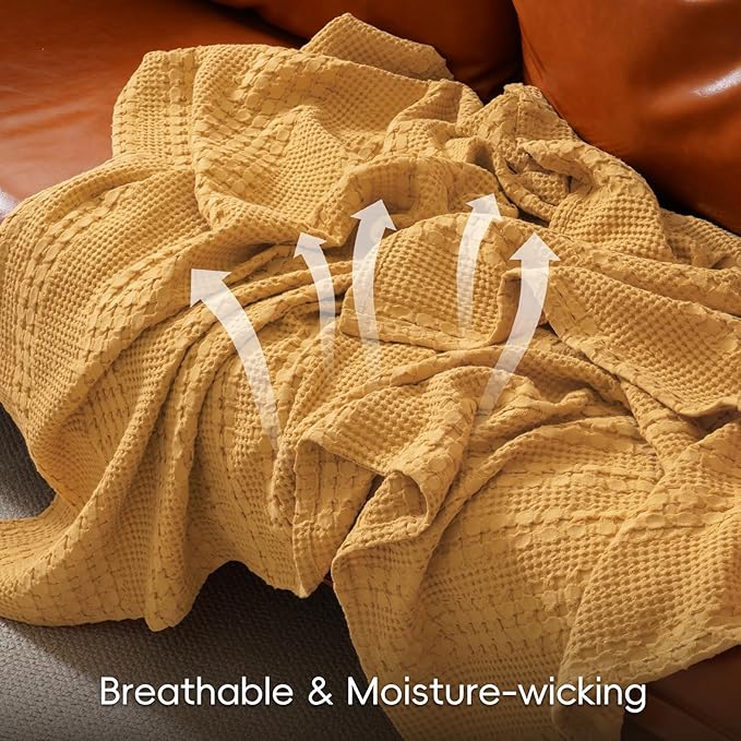 PHF 100% Cotton Waffle Weave Blanket Twin Size, Soft Lightweight Breathable Cozy Summer Blankets for Bed, Luxury Aesthetic Woven Bedding for Home Decor, 66"x90", Ginger/Honey Yellow