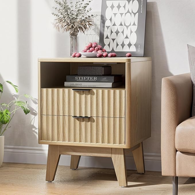 Nightstand Set of 2 with Charging Station, Modern Fluted 2 Drawers End Tables, Side Tables with Storage Shelf for Bedroom, Office, Natural Oak