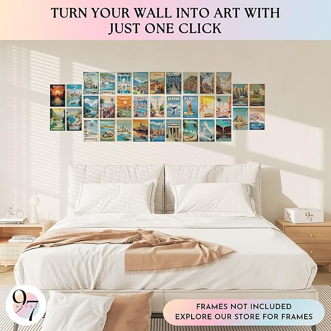97 Decor Vintage Travel Decor - Travel Posters Wall Art Prints, Vintage Postcards from Around The World, City Landscape Aesthetic Pictures Retro Popular Cities Photo Collage Kit for Teen Bedroom (4x6)