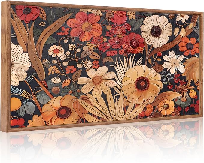 Aurlan Boho Burnt Orange Terracotta Wildflowers Framed Wall Art(40"x20"), Abstract Floral 3D Textured Canvas Artwork, Large Modern Vintage Botanical Nature Art Wall Decor for Home Office Living Room Bedroom