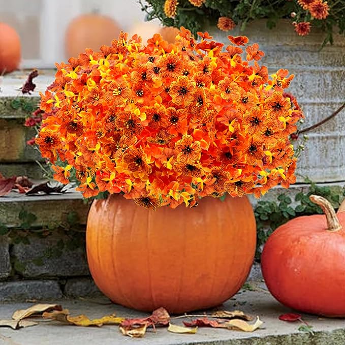 Artificial Fall Flowers for Outdoors, 10 Bundles Artificial Plants UV Resistant Fall Fake Plants for Outside Halloween Christmas Porch Decoration Fall Decor(Orange(Eucalyptus))