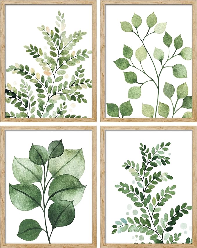 SIGNWIN Framed Green Pastel Forest Fern Leaf Wall Art, Set of 4 Collage Nature Garden Wall Decor Prints, Nature Wilderness Wall Décor for Living Room, Bedroom - 11"x14" Natural