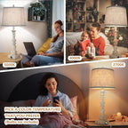 Set of 2 Farmhouse Table Lamps, 27.5'' Tall Rustic Bedside Lamps with 2 USB Ports, Beige Fabric Shade Nightstand Lamp, White Resin Desk Lamp with Rotary Switch for Living Room, Bedroom, Office