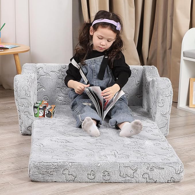 Kids Extra Wide Glow in The Dark Chairs for Toddler, 2-in-1 Toddler Soft Sherpa Couch Fold Out, Convertible Sofa to Lounger for Girls and Boys, Dark Grey