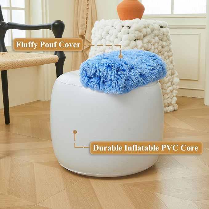 XeGe Fluffy Faux Fur Inflatable Pouf Ottoman, Soft Shaggy Fuzzy Foot Stool, Plush Furry Foot Rest Floor Pouf Anti-Slip, Foldable Round Ottoman Cushion Living Room Bedroom Home Decor, Ombre Blue