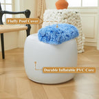XeGe Fluffy Faux Fur Inflatable Pouf Ottoman, Soft Shaggy Fuzzy Foot Stool, Plush Furry Foot Rest Floor Pouf Anti-Slip, Foldable Round Ottoman Cushion Living Room Bedroom Home Decor, Ombre Blue