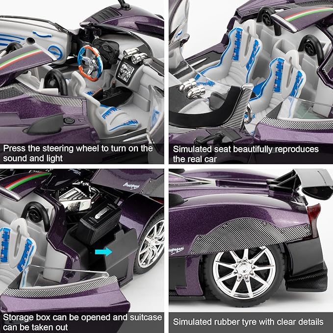1/24 Car Model Compatible for Collectible Pagani Zonta HP Diecast Toy Car,Zinc Alloy Pull Back Cabriolet Vehicles Toy with Sound and Light for Adult Boys Girls (Purple)
