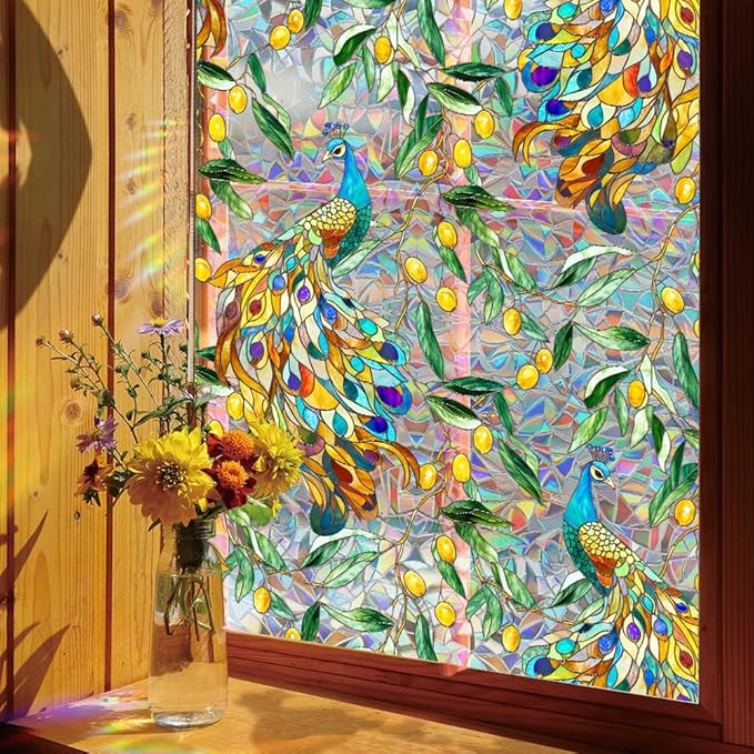 Stained Peacock Window Film Decorative Birds Flowers Static Glass Window Clings Stickers for Home Office Living Room Bedroom Glass Windows Door Decor 16.93 x 39.37 Inches