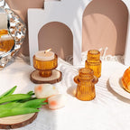 Candlestick Holders Set of 6, Ribbed Glass Taper Candle Holders, Reversible Amber Tealight & Candle Stick Candle Holder Vintage Crystal Tapered Candlestick for Wedding Dinner Party Festival