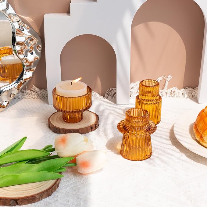 Candlestick Holders Set of 6, Ribbed Glass Taper Candle Holders, Reversible Amber Tealight & Candle Stick Candle Holder Vintage Crystal Tapered Candlestick for Wedding Dinner Party Festival