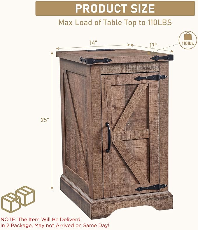 JXQTLINGMU Farmhouse Nightstand Set of 2 with Charging Station, 17"D Rectangular End Table with Barn Door & Adjustable Storage Shelf, Wood Rustic Sofa Side Table for Living Room, Bedroom, Light Brown