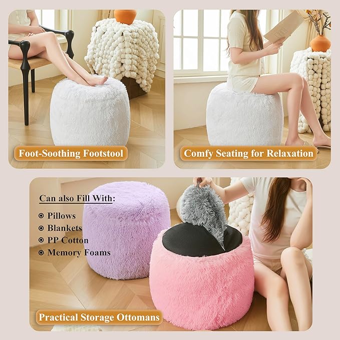 XeGe Fluffy Faux Fur Inflatable Pouf Ottoman, Comfy Shaggy Fuzzy Foot Stool Anti-Slip, Plush Foot Rest Floor Pouf Home Decorative, Foldable Round Ottoman Cushion for Living Room Bedroom, White