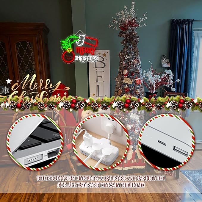 WLHOPE Merry Christmas Neon Sign Neon Signs For Wall Decor The Grinch Christmas Decor Grinch Lights Led Lights For Bar Party Room Shop Bedroom Gifts USB Powered 12.6x16.14in