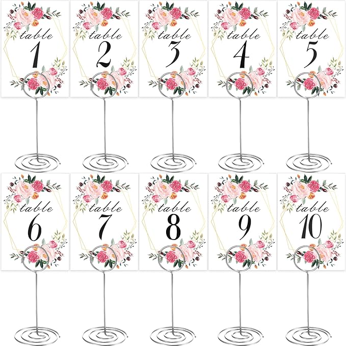 26 PCS Table Number Holder - Table Card Holder Stand Wire Photo Holder with 26 Pcs Floral Table Number Cards, Place Card Holder Stand for Weddings Party Office Paper Memo Menu Note Clips