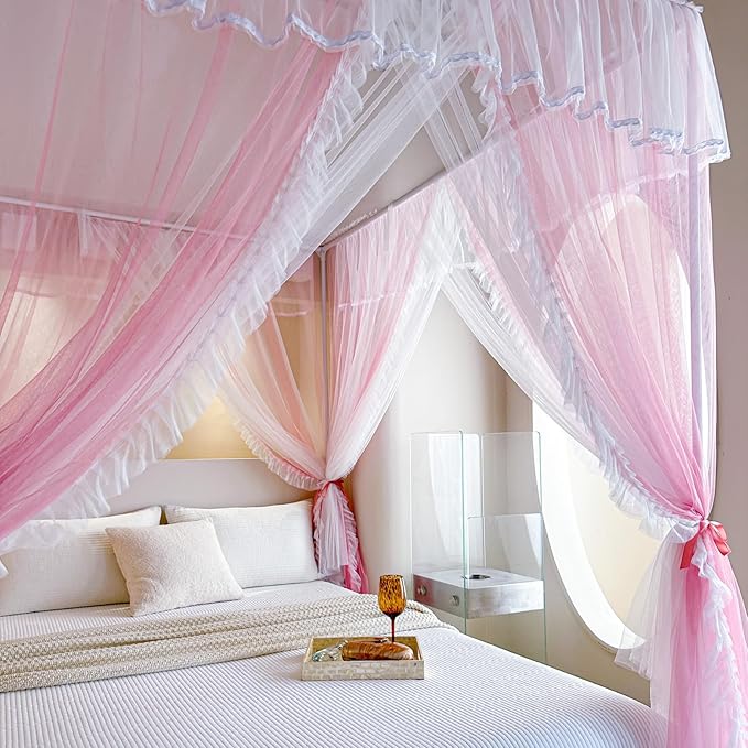 AIKASY 4 Corners Post Ruffle Princess Bed Canopy Curtain - Double Layer Cozy Drape Netting with 4 Openings - Elegant Mosquito Net for Girls and Adults Bedroom Decoration (Pink,Full)